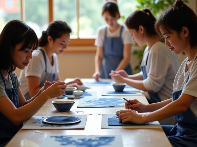 参加者が日本の伝統工芸を体験している賑やかなワークショップ風景