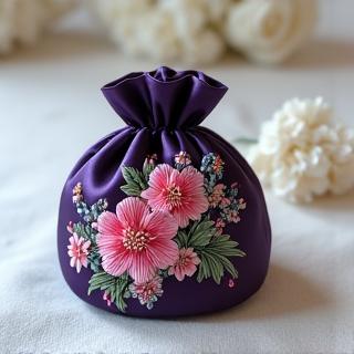 花柄の刺繍入り絹製ポーチ