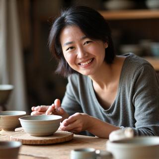 今月の特集職人、山田恵子氏のポートレート。繊細な陶器の隣で微笑んでいる。