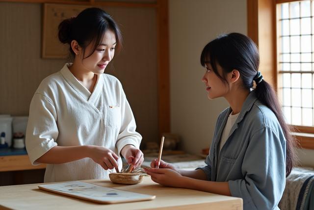 Hikari Handmadeの創業者が日本の伝統的な工房で職人と話している様子